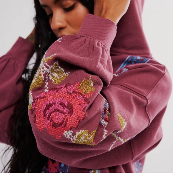 Free People Sweet Treat Embroidered Pullover Hoodie Sweatshirt in Burgundy Combo - Picture 3 of 8